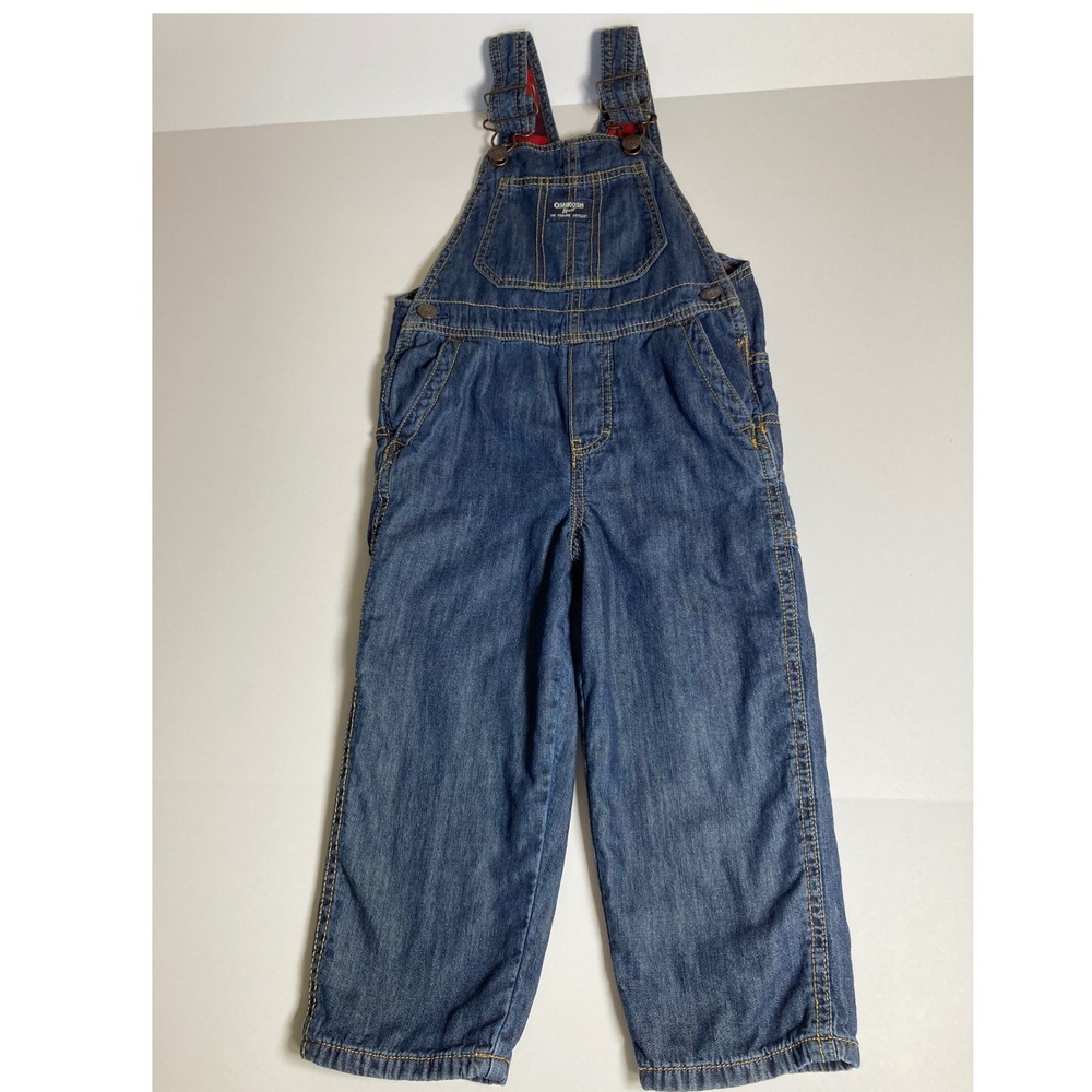 OshKosh Bgosh Kids 4T Flannel Lined Denim Overalls Blue Plaid Carpenter Bibs